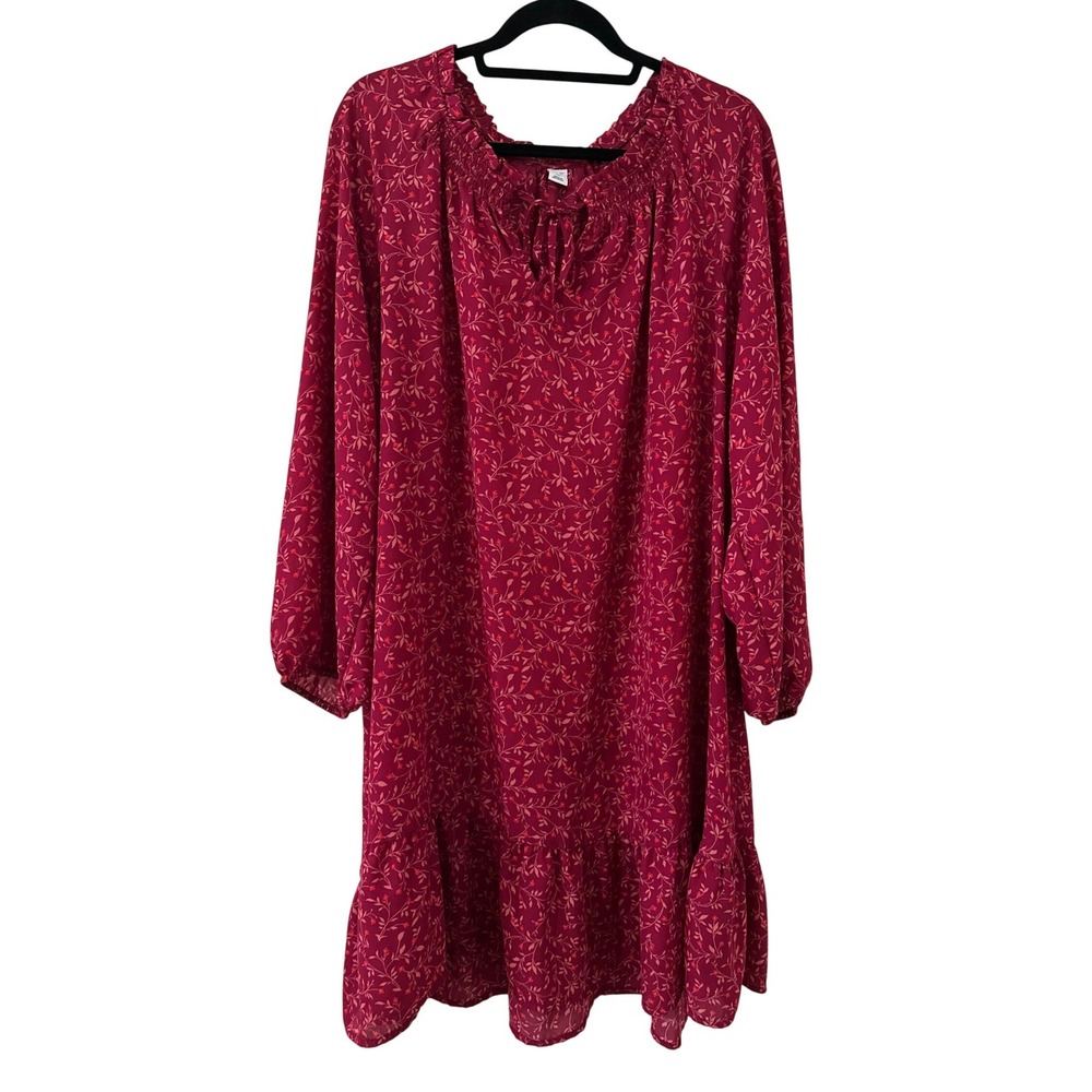 Old Navy XXL‎ Burgundy Floral Smocked Long Sleeve Peasant Swing Dress Boho